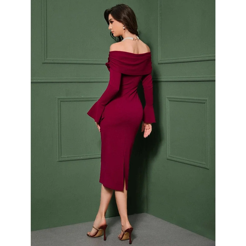 Foldover Off the Shoulder Flounce Sleeve Bodycon midi dress maroon burgundy red - Picture 5 of 11
